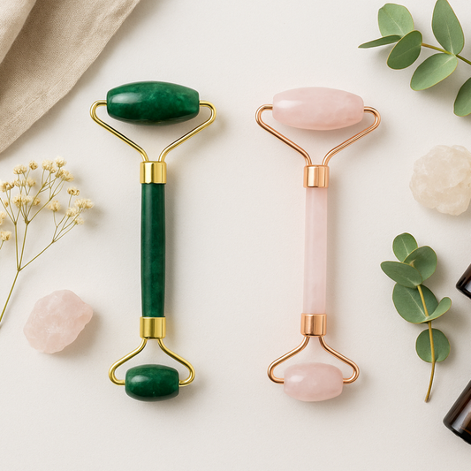 Jade und Rosenquarz Gesichtsroller im ästhetischen Badezimmer – Self-Care und Wellness