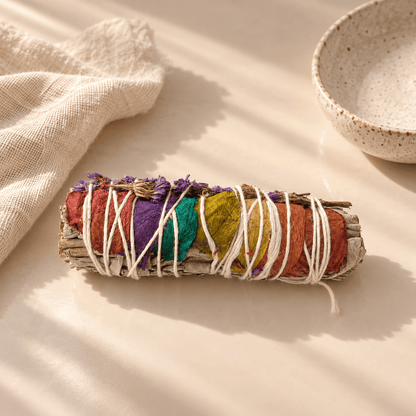 Salbei zum Ausräuchern mit Rosenblättern in Chakra-Farben